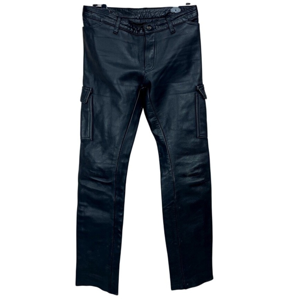 Y2K|TUA|Womens Leather Cargo (31x30) Pants Black Biker Moto Soft Raw Hem Zip Fly
